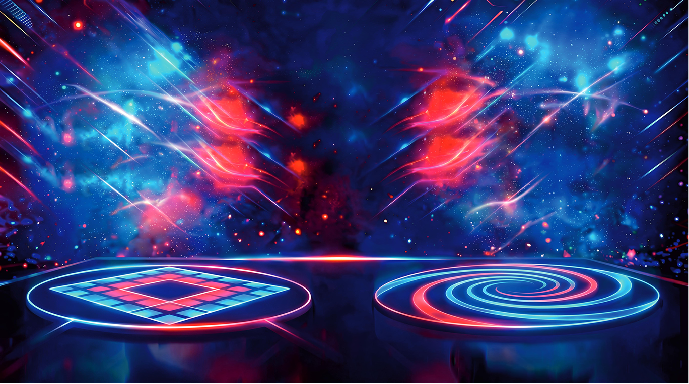 Neon platforms against a cosmic backdrop